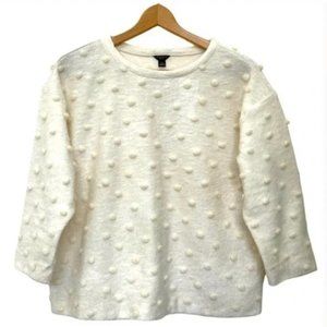 Ann Taylor Petite Ivory Wool Blend Pompom Dots 3/4 Sleeve Crew Neck Knit Sweater